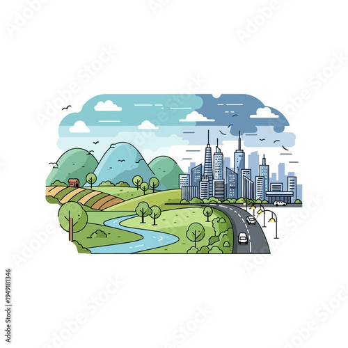 Modern Cityscape Meets Rural Landscape with River and Mountains