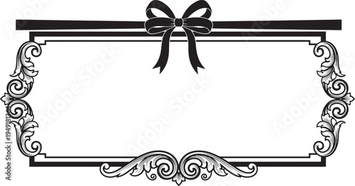 Black and white ornate frame with ribbon and bow