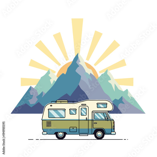 Retro camper van driving with mountain sunrise, flat design illustration
