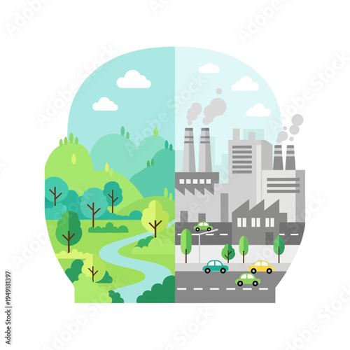 Nature vs Industry: Contrast Between Green Landscape and Polluting Factory