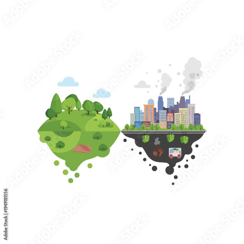 Nature vs. City: Green landscape contrasted with polluted urban environment