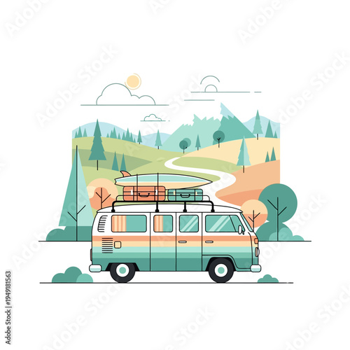 Retro camper van with surfboard and luggage on scenic road trip adventure.