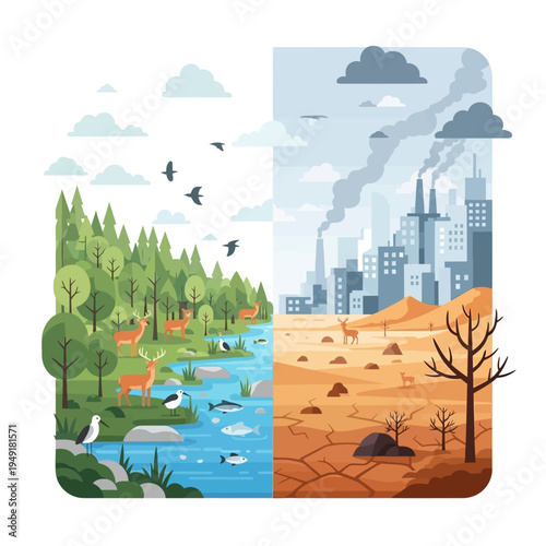 Nature vs Industry: Pristine Ecosystem vs Polluted Industrial Cityscape