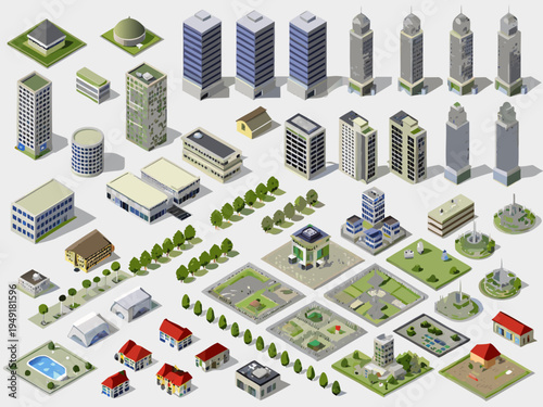Isometric cityscape collection featuring diverse buildings parks and infrastructure