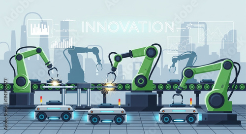 Automated factory with robotic arms and conveyor belts.