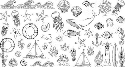 A collection of various nautical and celestial illustrations isolated on transparent background
