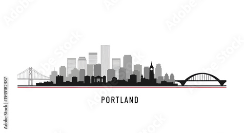 Minimalist black and grey silhouette of the city of portland with its iconic bridges and skyline
