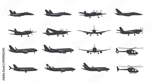 Collection of various aircraft silhouettes including commercial jets, fighter planes and helicopters