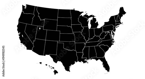 Black silhouette map of the united states showing the individual state borders in high contrast