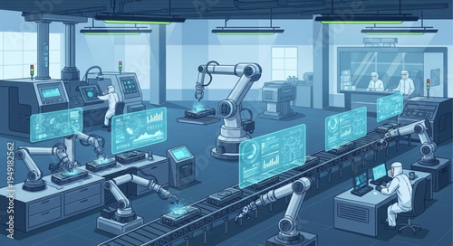 Automated Factory Production Line with Robotic Arms and Digital Displays.