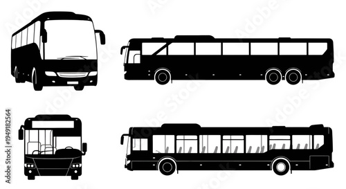 Black silhouette collection of modern touring coaches and city public transport passenger buses