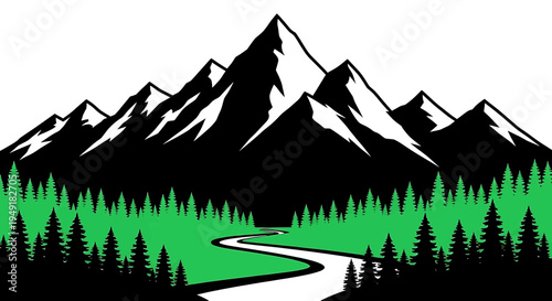 A majestic mountain range rising above a lush green pine forest with a winding river flowing ahead