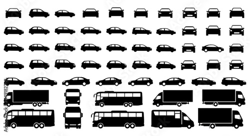 Collection of various black silhouette icons representing different types of passenger cars and trucks