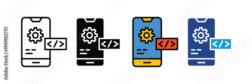 Mobile app development and programming icon set. Smartphone software coding, application settings, and web development symbols. Vector Illustration.
