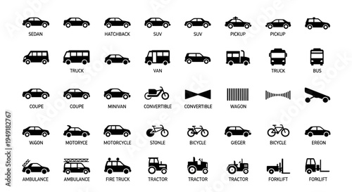 A collection of various black and white vehicle icons representing different modes of transport