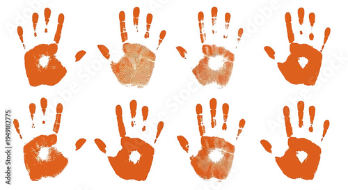 A collection of eight distinct orange handprint icons featuring detailed human finger impressions