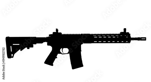 Black silhouette of a modern tactical assault rifle with a collapsible stock and rail system