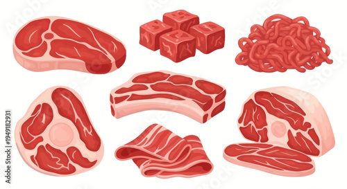 Food Industry Raw Meat Cuts Vector Illustration Set: Steaks, Ground Meat, Bacon