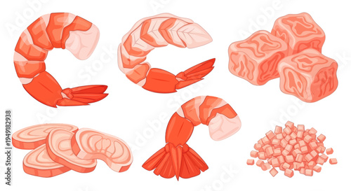 Cartoon Seafood Selection Vector Illustration: Cooked Shrimp, Salmon Slices  Diced Fish