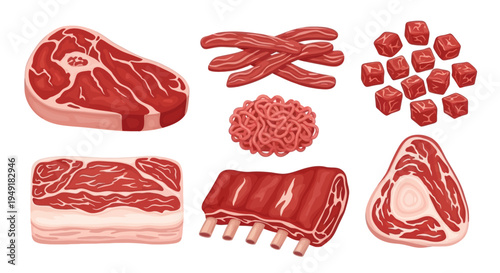 Assorted Red Meat Cuts Vector Illustration for Food Industry and Butchery Design