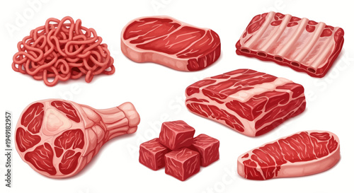 Food Industry Realistic Vector Illustration of Fresh Red Meat Cuts Collection