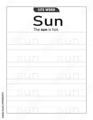 Sun Sight Word Tracing Worksheet for Kids - Kindergarten Handwriting Practice Page