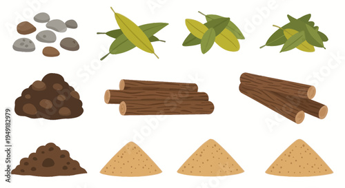 Flat Vector Natural Resources  Construction Materials Collection: Rocks, Soil, Logs, Leaves, Sand