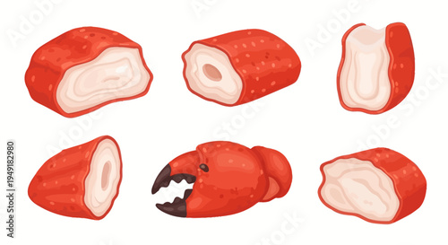 Cartoon Vector Food Illustration of Surimi Crab Sticks and a Crab Claw