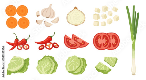 Flat Vector Set of Fresh Vegetables and Ingredients for Cooking. Healthy Food Illustration