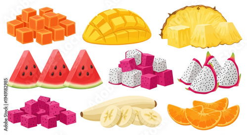 Vibrant Flat Vector Illustration of Various Tropical Fruit Cuts for Healthy Food and Nutrition.
