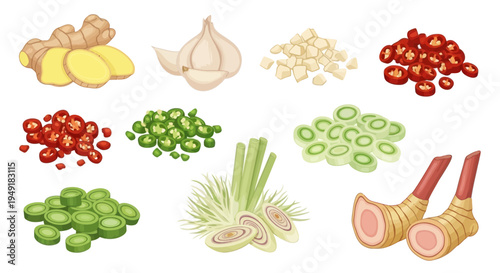 Fresh Ingredients Vector: Spices, Herbs, Garlic, Ginger, Chili