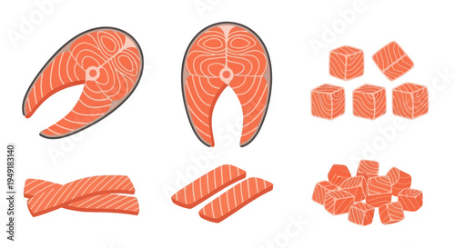 Flat Design Salmon Fish Cuts, Steaks, Cubes, Fillets Vector Icons