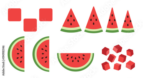 Colorful Flat Design Watermelon Slices and Cubes Icons