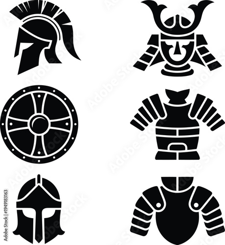 Black and white ancient armor helmets on white background