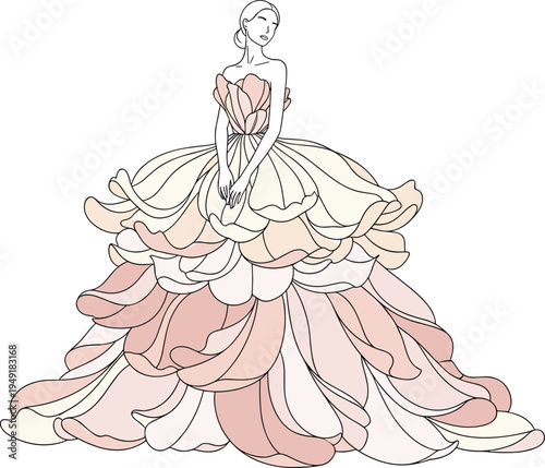 Elegant woman wearing pastel flower petal dress fashion illustration, botanical couture gown design, feminine beauty isolated on white