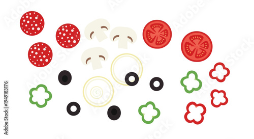 Flat Vector Pizza Toppings Icons - Salami, Mushroom, Tomato, Olive, Pepper
