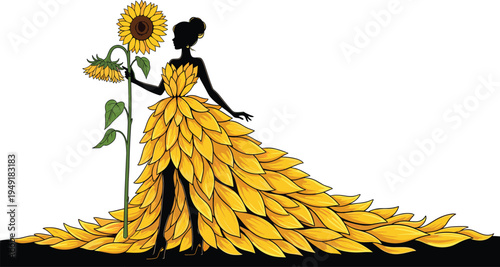 Elegant woman silhouette wearing sunflower petal dress holding giant sunflower, botanical fashion illustration, floral couture design isolated on white