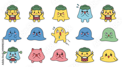 Cute Cartoon Monsters Playing Drums - Vector Art