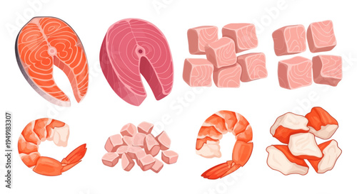 Realistic Vector Food Icons: Salmon, Tuna, Shrimp, Crab Meat