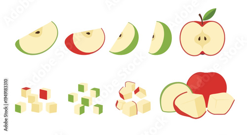 Flat Style Apple Slices and Cubes Illustration, Healthy Food Concept