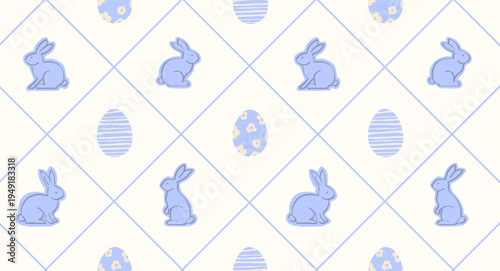 Seamless Easter pattern with cute bunny and eggs on blue rhombus background. Simple flat rabbits design. Repeating vector print for gift wrapping paper, wallpaper, packaging and holiday decor.