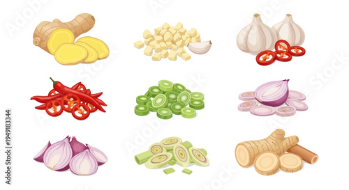 Flat Illustration of Assorted Chopped Asian Cooking Ingredients