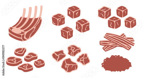 Isometric Meat Cuts Collection: Raw Ribs, Cubes, Bacon, Minced Meat