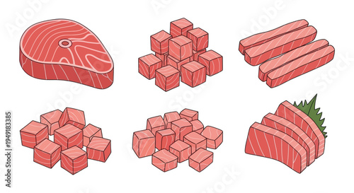 Various Cuts of Raw Fish: Steak, Diced, Sticks, Sashimi