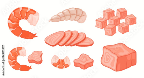 Flat Illustration of Raw Shrimp and Meat Cuts on White Background