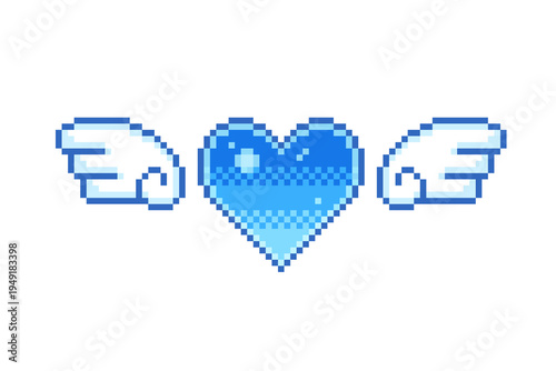 ドット絵　ハートと羽のかわいい装飾イラスト　翼　天使　ピクセルアート　デコレーション