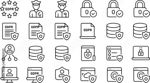 GDPR line icons set including privacy policy data protection officer and data security regulations