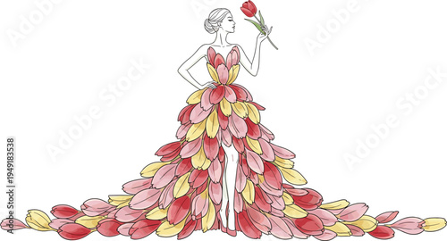 Elegant woman wearing tulip petal dress holding flower, botanical fashion illustration, feminine floral couture design isolated on white