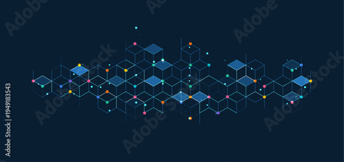 Technology background. Big data visualization concept. Information artificial neural network. Abstract geometric background with isometric. Digital cube isometric on blue background.