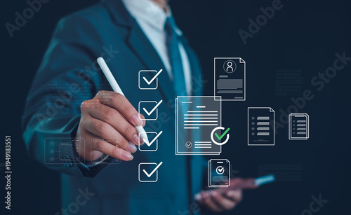 Businessman approving digital documents with checklist icons and verified files, representing workflow management, business compliance, document approval process, audit control digital transformation.